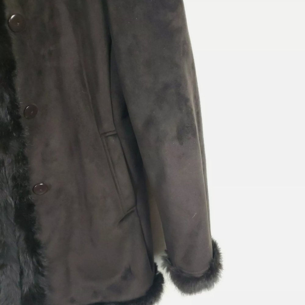 A Brown Dana Buchman Fur Trim Coat Size Large - Picture 3 of 10